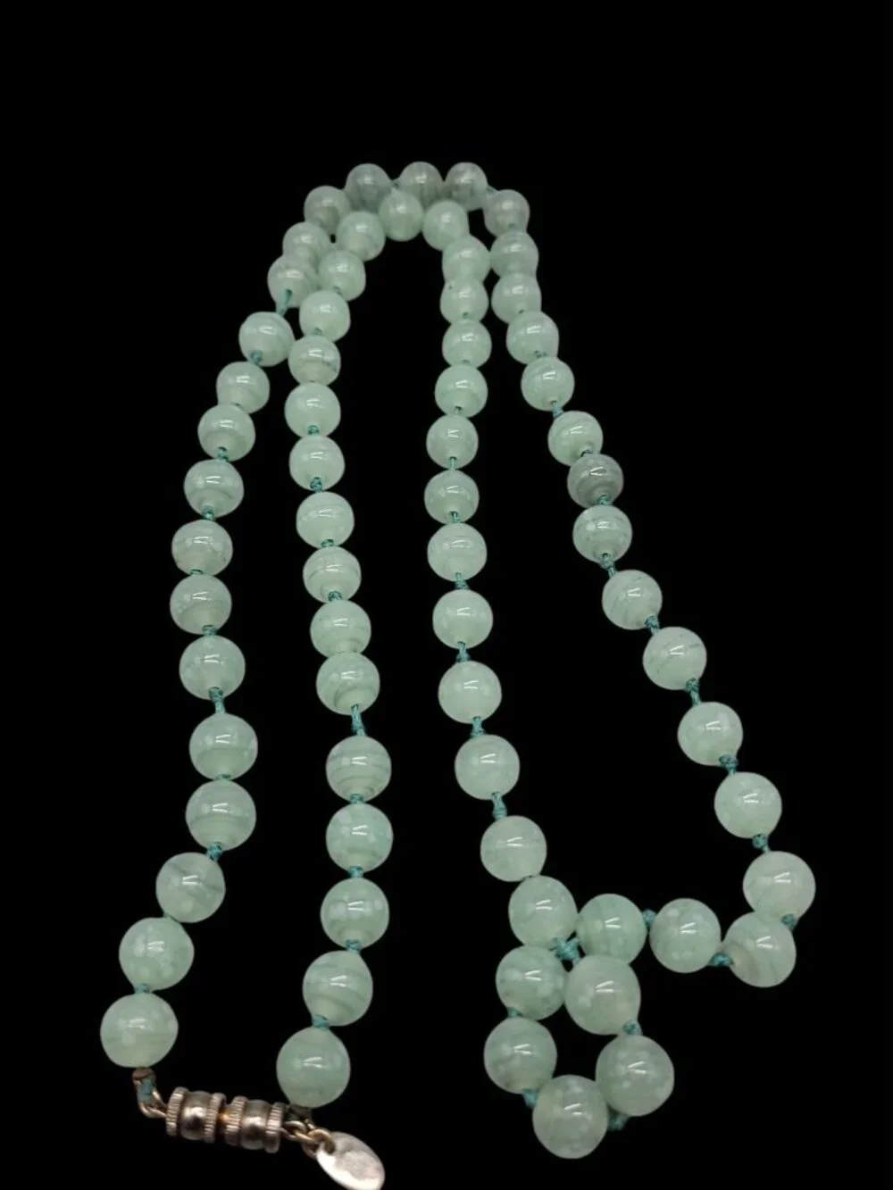 Vintage Les Bernard Signed Jade Bead Necklace Hand Knotted Barrel Clasp 34" - Picture 10 of 12